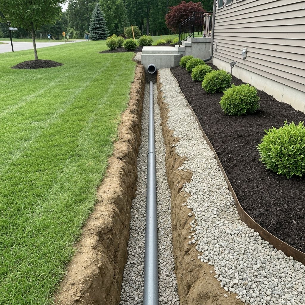 French drain system being installed with gravel and perforated pipe for proper yard drainage
