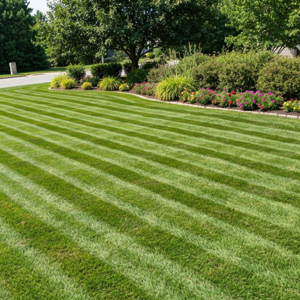 Well-maintained green lawn with clean edging and professional mowing stripes