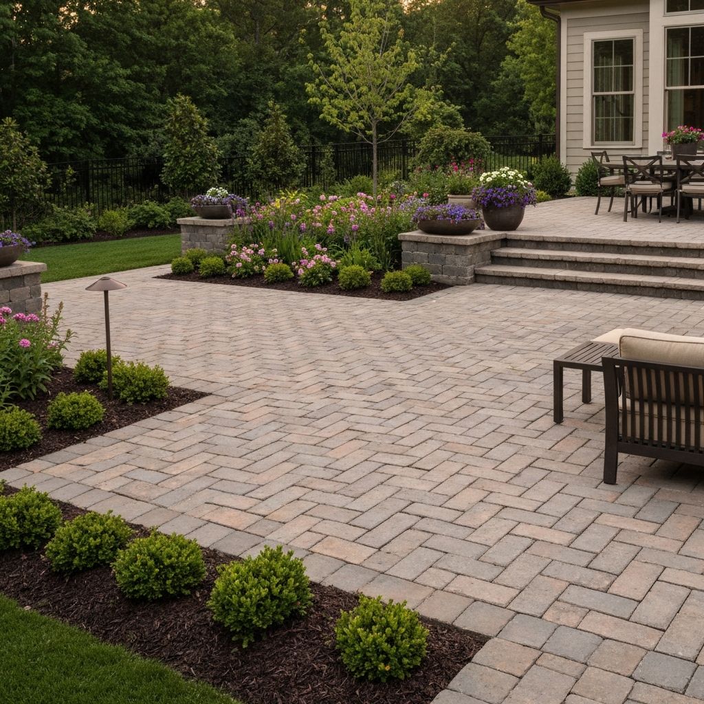 Beautiful interlocking paver patio installation with natural stone borders in a backyard setting