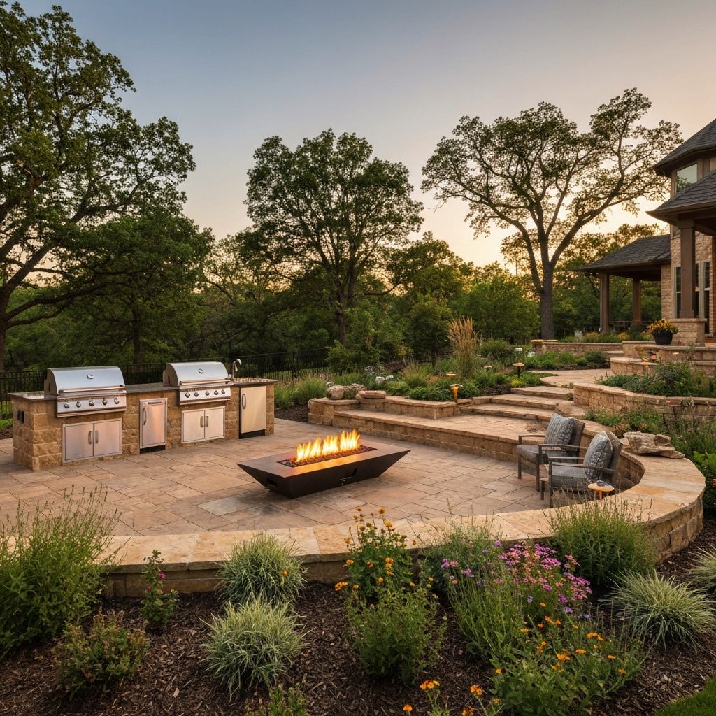 Complete backyard transformation with paver patio and fire pit by Matias Landscaping in Norman, OK