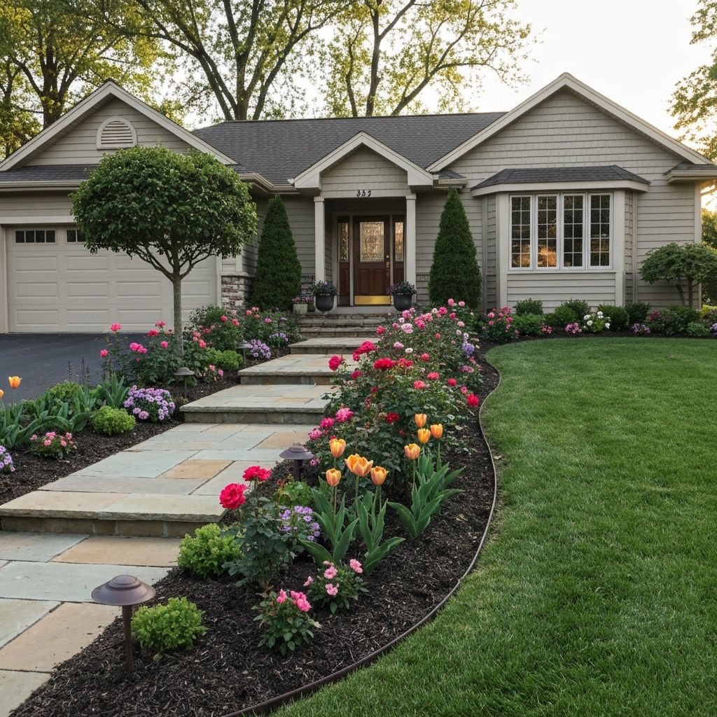 Front yard curb appeal makeover with stone walkway and landscape lighting