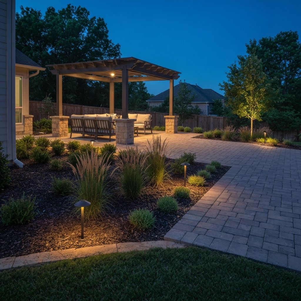 Modern outdoor living space with geometric paver patio, LED landscape lighting, and ornamental grasses in Oklahoma City