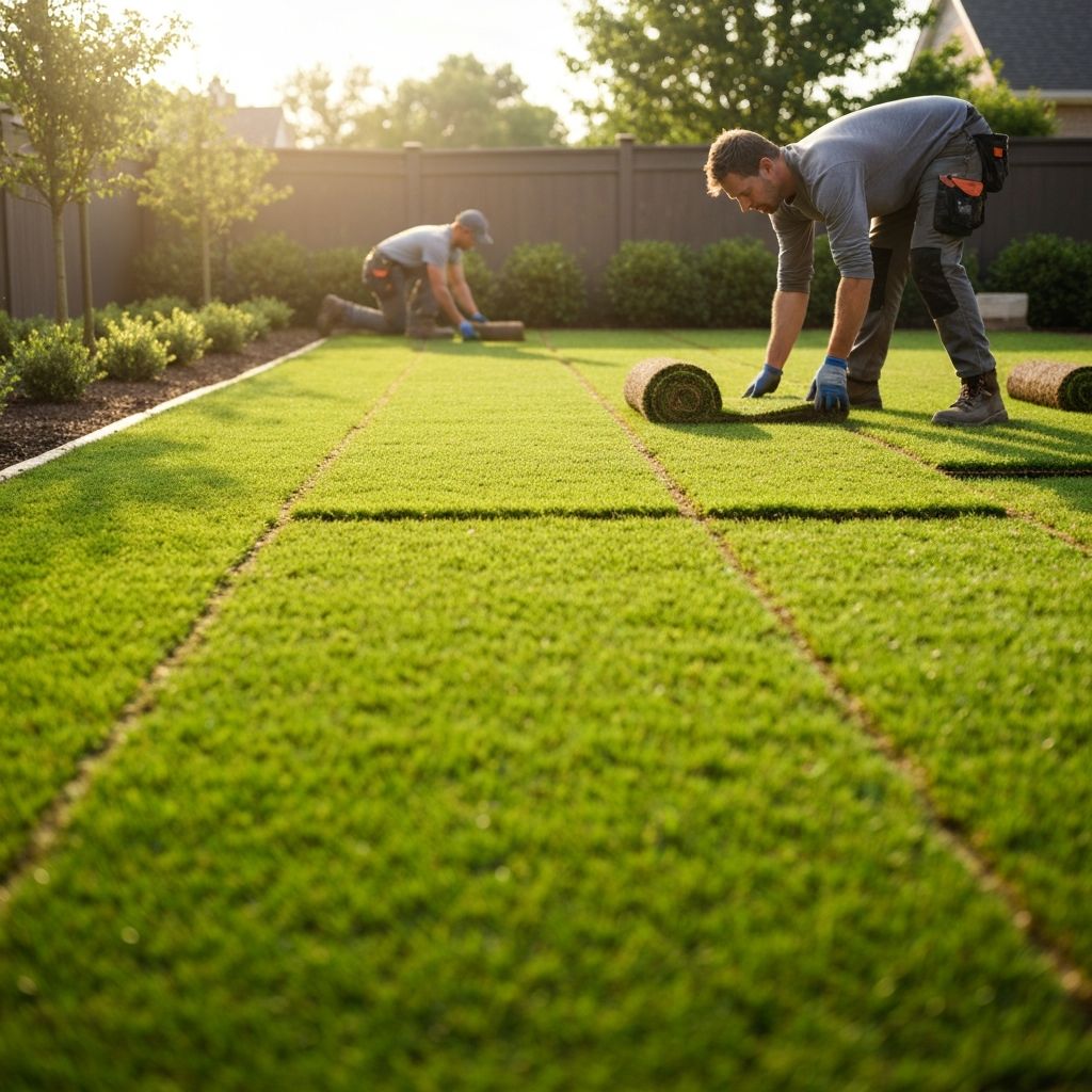 Fresh green Bermuda sod being professionally installed on a residential lawn in Oklahoma